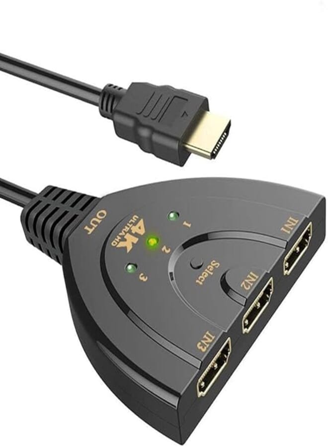 QUEST 3-Port HDMI Switch, HDMI Splitter and Switcher with High-Speed Pigtail Cable, Compatible with 4K, Full HD 1080p and 3D Devices